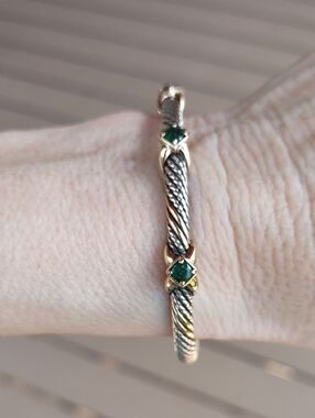 14kt Yellow Gold & Silver Twisted Cable Bracelet with Emerald Green  Stones